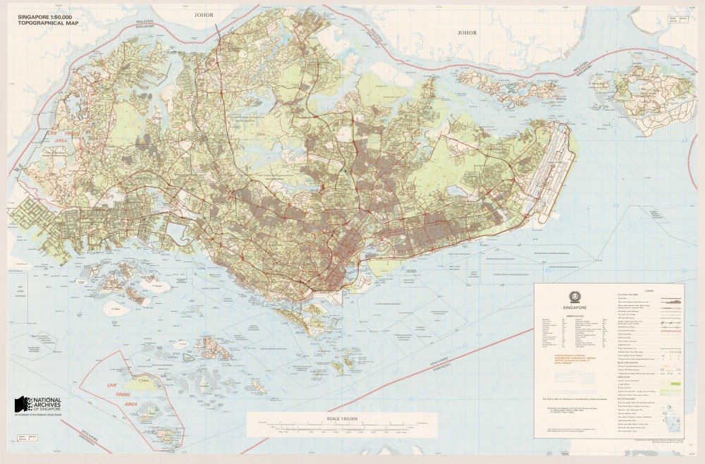 This topographical map of Singapore was the first map produced in Singapore using computerised techniques. It was published in 1993. Source: Singapore Land Authority, Courtesy of National Archives of Singapore Ref: TM000987 