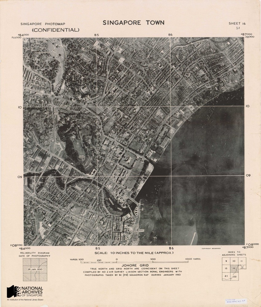 Aerial map of Singapore town, 1950. These maps were made by stitching together aerial photographers taken by the British airforce’s 81 squadron, an air reconnaissance unit based at the Seletar and Tengah airbases between 1947 and 1970. Source: Survey Department, Courtesy of National Archives of Singapore Ref: 