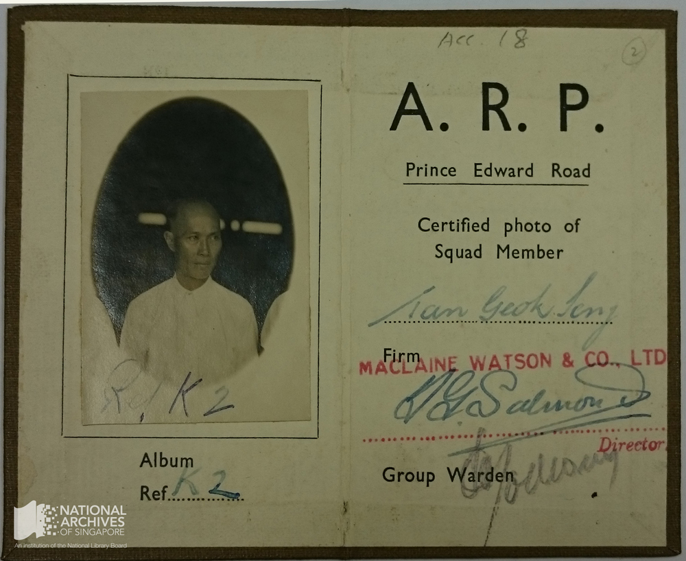 Air Raid Precaution identity card belonging to Tan Geok Seng Donated by Victor Tan, National Archives collection 18/2 