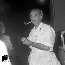 David Marshall taking a rest with his trademark smoking pipe outside the Singapore Legislative Assembly after a parliamentary session, 1961. Source: Singapore Press Holdings, Courtesy of National Archives of Singapore